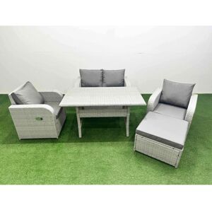 Light Grey pe Wicker Rattan Garden Furniture Set Sofa Set Reclining Chair Rectangular Dining Table 5 Seater With Footstool - Fimous