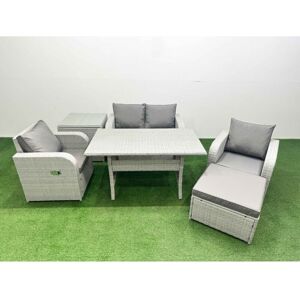 Fimous Light Grey PE Wicker Rattan Garden Furniture Set Sofa Set Reclining Chair Rectangular Dining Table 5 Seater With Footstool Side Table