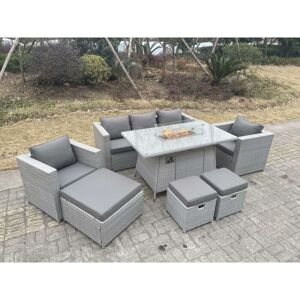 Fimous - Light Grey Rattan Fire Pit Garden Furniture Set Gas Heater Burner Chairs With 3 pc Stools