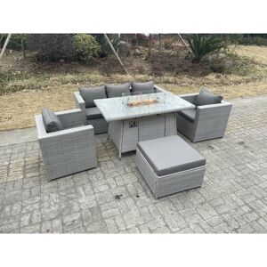 Light Grey Rattan Fire Pit Garden Furniture Set Gas Heater Burner Chairs With Big Footstool - Fimous