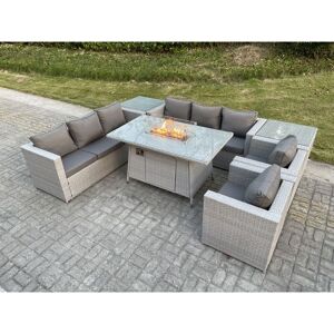 Light Grey Rattan Fire Pit Garden Furniture Set Gas Heater Burner Lounge Sofa Dining Set 2 Side Coffee Table And Chairs - Fimous