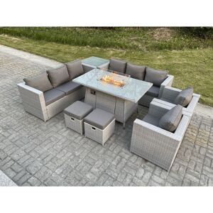 Fimous Light Grey Rattan Fire Pit Garden Furniture Set Gas Heater Burner Lounge Sofa Dining Set Coffee Table Chairs Stool