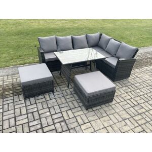 Outdoor Furniture Garden Dining Set Rattan Corner Sofa Set Rectangular Dining Table with Temper Glass 2 Big Footstool Dark Grey Mixed - Fimous