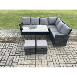 Outdoor Furniture Garden Dining Set Rattan Corner Sofa Set Rectangular Dining Table with Temper Glass 2 Small Footstools Dark Grey Mixed - Fimous