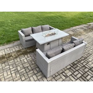 Fimous - Outdoor Garden Dining Sets Rattan Furniture Gas Fire Pit Dining Table Gas Heater Light Grey