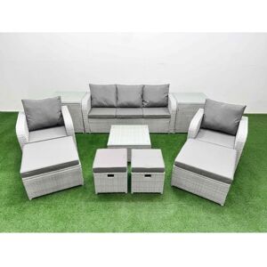 Outdoor Garden Furniture Set pe Rattan Lounge Sofa Set with Coffee Table 3 Seater Sofa 4 Footstools 2 Side Tables Light Grey - Fimous