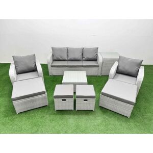 Fimous Outdoor Garden Furniture Set PE Rattan Lounge Sofa Set with Coffee Table 3 Seater Sofa 4 Footstools Side Table Light Grey