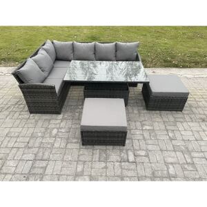 Outdoor Garden Furniture Set Wicker pe Rattan Height Adjustable Rising Lifting Table Sofa Dining Set with 2 Big Footstool Dark Grey Mixed - Fimous