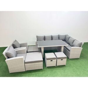 Outdoor Garden Furniture Sets 12 Seater Wicker Rattan Corner Sofa Sets with Rectangular Dining Table Lounge Sofa 4 Footstools Light Grey - Fimous