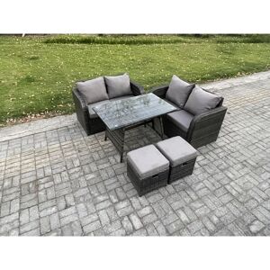 Outdoor Garden Furniture Sets 5 Pieces Wicker Rattan Furniture Sofa Sets with Rectangular Dining Table Love Sofa 2 Small Footstool - Fimous