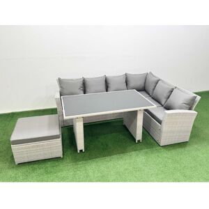 Fimous - Outdoor Garden Furniture Sets 7 Seater Wicker Rattan Corner Sofa Sets with Rectangular Dining Table Lounge Sofa Big Footstool Light Grey