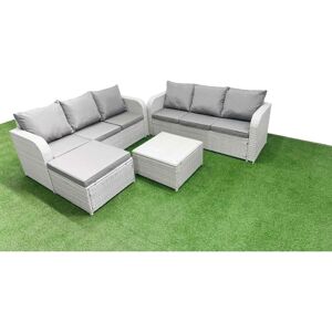 FIMOUS Outdoor Garden Furniture Sets 7 Seater Wicker Rattan Furniture Sofa Sets with Square Coffee Table high Back Lounge Sofa Big Footstool Light Grey