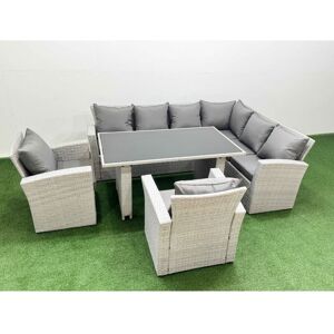 Outdoor Garden Furniture Sets 8 Seater Wicker Rattan Corner Sofa Sets with Rectangular Dining Table Lounge Sofa 2 Armchair Light Grey - Fimous