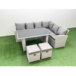 Outdoor Garden Furniture Sets 8 Seater Wicker Rattan Corner Sofa Sets with Rectangular Dining Table Lounge Sofa 2 Small Footstools Light Grey - Fimous