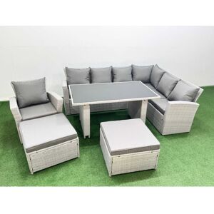 FIMOUS Outdoor Garden Furniture Sets 9 Seater Wicker Rattan Corner Sofa Sets with Rectangular Dining Table Lounge Sofa 2 Big Footstools Armchair Light Grey