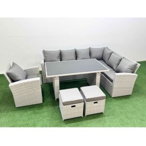 FIMOUS Outdoor Garden Furniture Sets 9 Seater Wicker Rattan Corner Sofa Sets with Rectangular Dining Table Lounge Sofa 2 Small Footstools Armchair Light