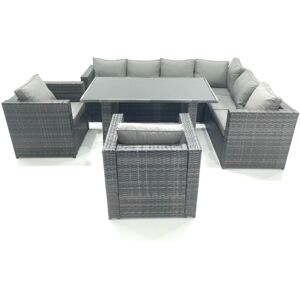 Fimous Outdoor Lounge Rattan Corner Sofa Set Garden Furniture Rectangular Dining Table Chair Dark Grey