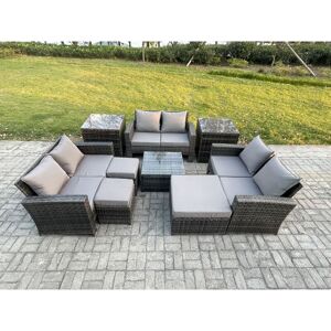 FIMOUS Outdoor Lounge Sofa Set Wicker pe Rattan Garden Furniture Set with Square Coffee Table Double Seat Sofa 3 Footstools 2 Side Tables Dark Grey Mixed