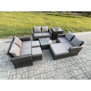 FIMOUS Outdoor Lounge Sofa Set Wicker pe Rattan Garden Furniture Set with Square Coffee Table Double Seat Sofa 3 Footstools Side Table Dark Grey Mixed