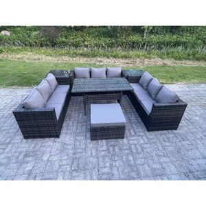 FIMOUS Outdoor pe Wicker Garden Furniture Rattan Lounge Sofa Set Patio Rectangular Dining Table with Big Footstool 2 Side Table 10 Seater Dark Grey Mixed