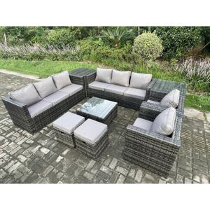 Fimous Outdoor Rattan Garden Furniture Set 10 Seater Patio Lounge Sofa Set with 2 Armchairs Square Coffee Table 2 Side Tables 2 Small Footstool Dark
