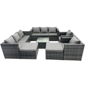 Fimous Outdoor Rattan Garden Furniture Set 10 Seater Patio Lounge Sofa Set with Armchair Square Coffee Table 2 Big Footstool Dark Grey Mixed
