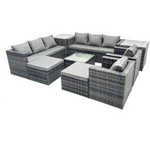 Fimous Outdoor Rattan Garden Furniture Set 10 Seater Patio Lounge Sofa Set with Armchair Square Coffee Table 2 Side Tables 2 Big Footstool Dark Grey