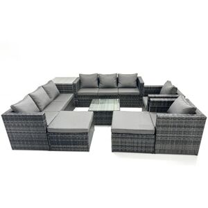 Fimous Outdoor Rattan Garden Furniture Set 10 Seater Patio Lounge Sofa Set with Armchair Square Coffee Table Side Table 2 Big Footstool Dark Grey