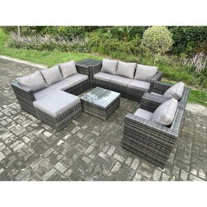 Fimous Outdoor Rattan Garden Furniture Set 9 Seater Patio Lounge Sofa Set with 2 Armchairs Side Table Square Coffee Table Big Footstool Dark Grey