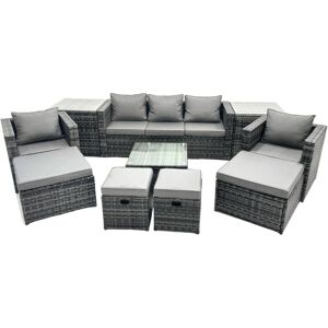 Fimous Outdoor Rattan Garden Furniture Set 9 Seater Patio Lounge Sofa Set with Armchair Square Coffee Table 2 Side Tables 4 Footstool Dark Grey Mixed