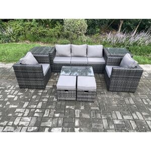 Fimous Outdoor Rattan Garden Furniture Set with 3 Seater Sofa Coffee Table 2 Side Tables 2 Armchairs 2 Small Footstool Patio Lounge Sofa Set Dark