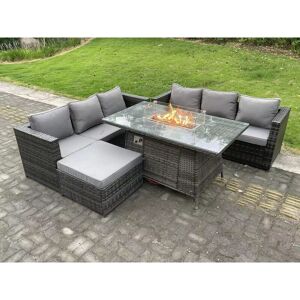 FIMOUS Outdoor Rattan Garden Furniture Sofa Set Gas Fire Pit Dining Table Gas Heater Burner With 3 Seater Sofa Big Footstool 7 Seater Dark Grey Mixed