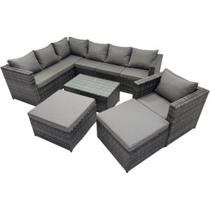 Fimous Outdoor Rattan Rectangular Coffee Table Corner Sofa Sets Garden Furniture Set with 2 Big Stools Dark Grey Mixed
