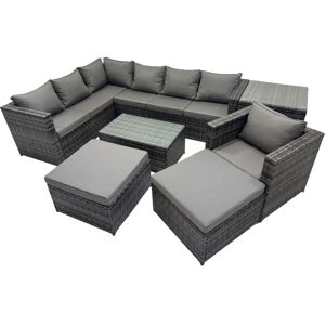 Fimous Outdoor Rattan Rectangular Coffee Table Corner Sofa Sets Garden Furniture Set with 2 Big Stools Side Table Dark Grey Mixed