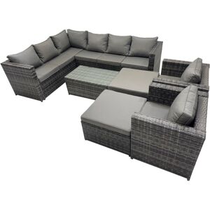Fimous Outdoor Rattan Rectangular Coffee Table Corner Sofa Sets Garden Furniture Set with 2 Chairs 2 Big Stools Dark Grey Mixed