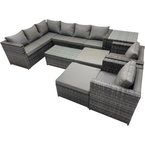 Fimous Outdoor Rattan Rectangular Coffee Table Corner Sofa Sets Garden Furniture Set with 2 Chairs 2 Big Stools Side Table Dark Grey Mixed