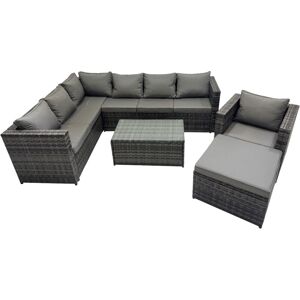 Fimous Outdoor Rattan Rectangular Coffee Table Corner Sofa Sets Garden Furniture Set with Big Stool Dark Grey Mixed