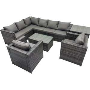 Fimous Outdoor Rattan Rectangular Coffee Table Corner Sofa Sets Garden Furniture Set with Chair Side Table Dark Grey Mixed