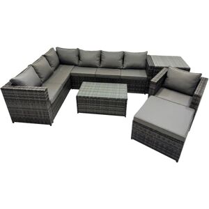 Fimous Outdoor Rattan Rectangular Coffee Table Corner Sofa Sets Garden Furniture Set with Side Table Big Stool Dark Grey Mixed