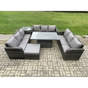 FIMOUS Patio Garden Dining Set Outdoor Rattan Furniture Lounge Sofa Height Adjustable Rising lifting Table With Side Table Big Footstool Dark Grey Mixed