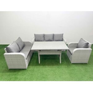 FIMOUS Patio pe Wicker 6 Seater Outdoor Rattan Furniture Sofa Sets with Rectangular Dining Table Reclining Chair Loveseat Sofa 3 Seater Sofa Light Grey