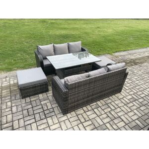 Patio Rattan Garden Furniture Set with Oblong Rectangular Dining Table 2 Big Footstool 5 Pieces Outdoor Lounge Sofa Set Dark Grey Mixed - Fimous