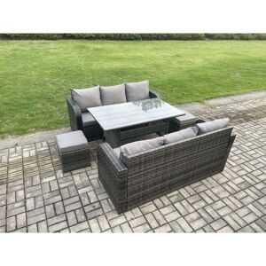 Patio Rattan Garden Furniture Set with Oblong Rectangular Dining Table 2 Small Footstools 8 Seater Outdoor Lounge Sofa Set Dark Grey Mixed - Fimous
