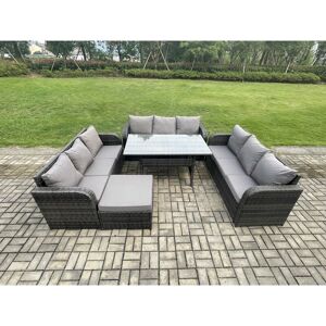 Patio Rattan Garden Furniture Set with Oblong Rectangular Dining Table Big Footstool 10 Seater Outdoor Lounge Sofa Set Dark Grey Mixed - Fimous