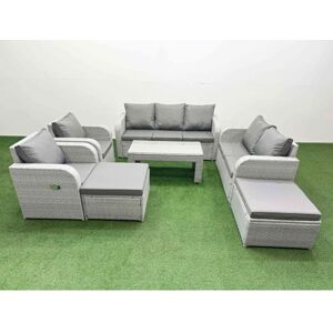 FIMOUS Pe Rattan Garden Furniture Set Adjustable Chair Sofa Double Love Seat 2 Seater Sofa Lounge Set Rectangular Coffee Table 2 Big Footstool Light Grey