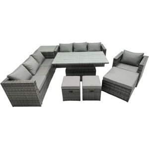 Fimous PE Rattan Garden Furniture Set Lounge Sofa Rising Dining Table Set with Side Table 3 Footstool Dark Grey Mixed