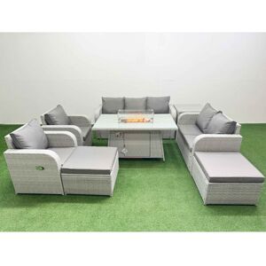 Fimous PE Rattan Garden Furniture Set Reclining Chair Sofa Double Love Seat 2 Seater Sofa Lounge Set Firepit Dining Table 2 Big Footstool Side Table
