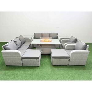 FIMOUS Pe Rattan High Back Lounge Sofa Set Patio Firepit Dining Table & Chairs Set with 3 Seater Sofa Reclining Chair 2 Big Footstool 2 Side Table Light