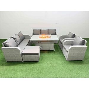 Fimous PE Rattan High Back Lounge Sofa Set Patio Firepit Dining Table & Chairs Set with 3 Seater Sofa Reclining Chair Big Footstool Light Grey