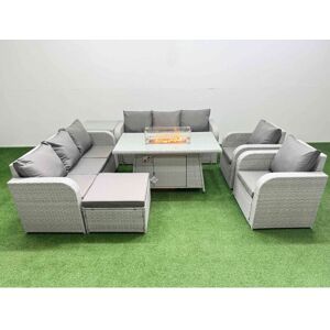FIMOUS Pe Rattan High Back Lounge Sofa Set Patio Firepit Dining Table & Chairs Set with 3 Seater Sofa Reclining Chair Big Footstool Side Table Light Grey